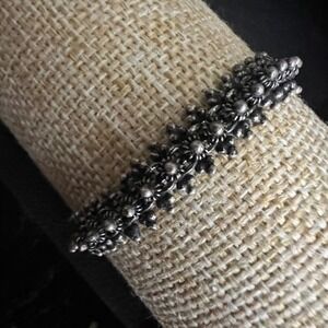 Vtg Oxidized Silver Tone Beaded Bell Charm Anklet Bracelet 10" Y2K Goblincore
